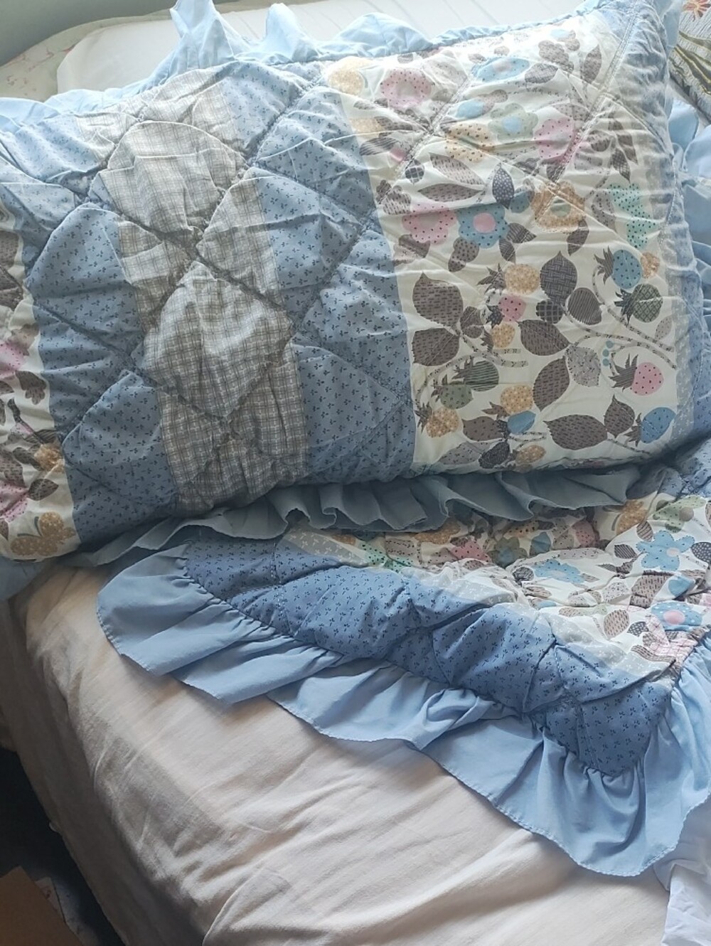 Blue Patchwork Floral Quilted Throw with Ruffled Edge